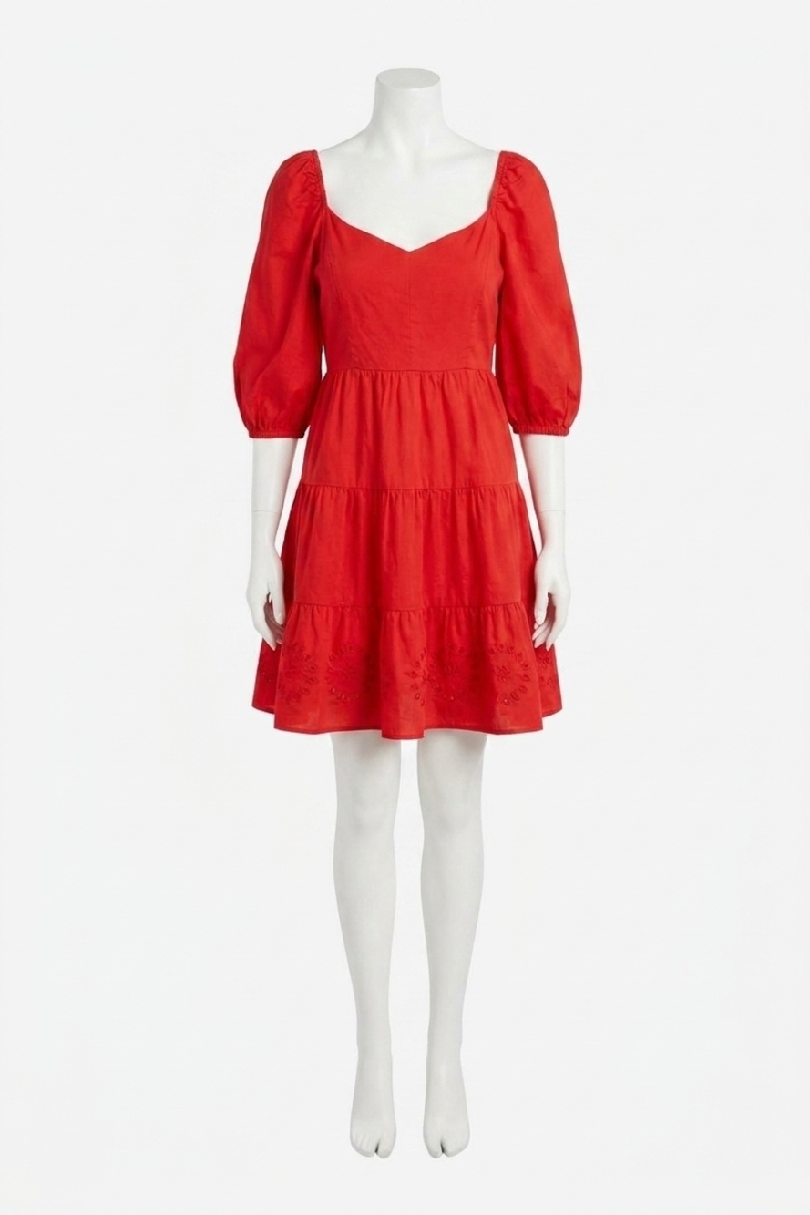 NEW SKIES ARE BLUE davina puff sleeves fit & flare eyelet dress in strawberry re